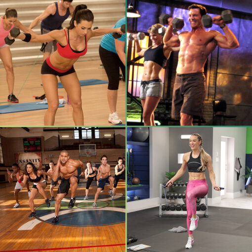 Four separate pictures of people working out.