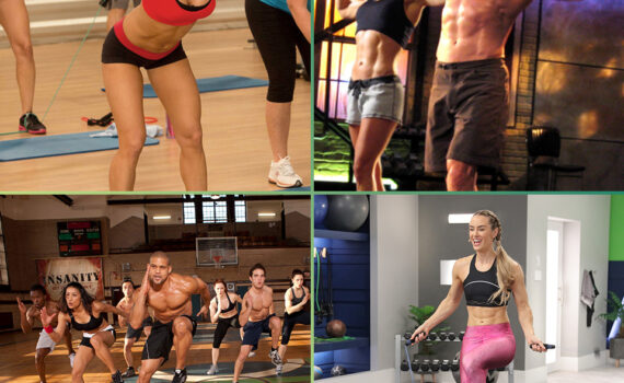 Four separate pictures of people working out.